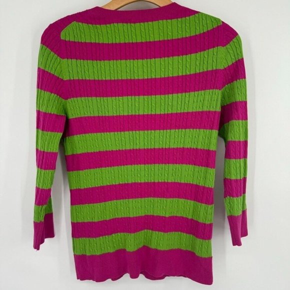 Talbots womens Green Pink Striped Cardigan cable knit sweater Size Small cotton - Picture 9 of 10